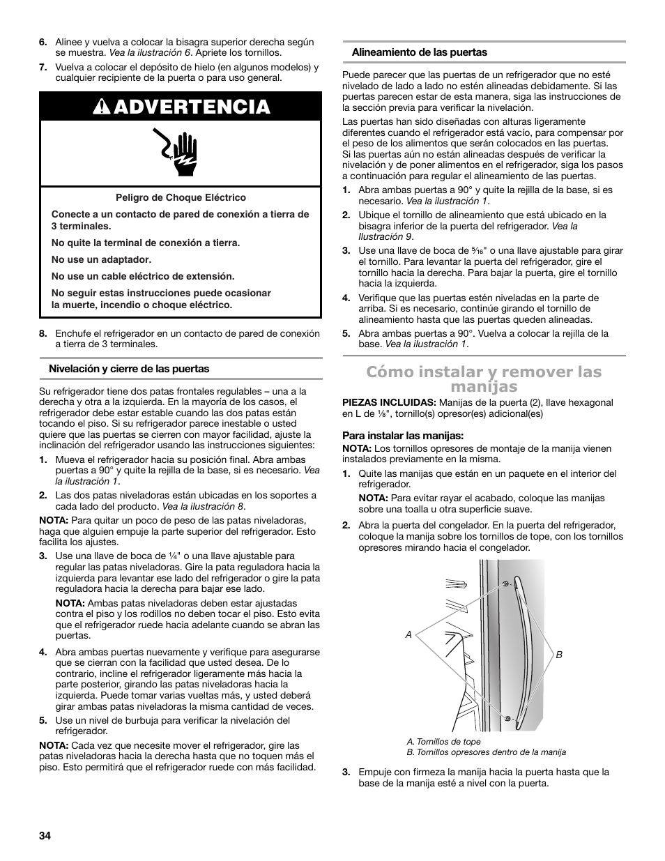 Advertencia, Cómo instalar y remover las manijas | Maytag MSB26C6MDM User Manual | Page 34 / 86