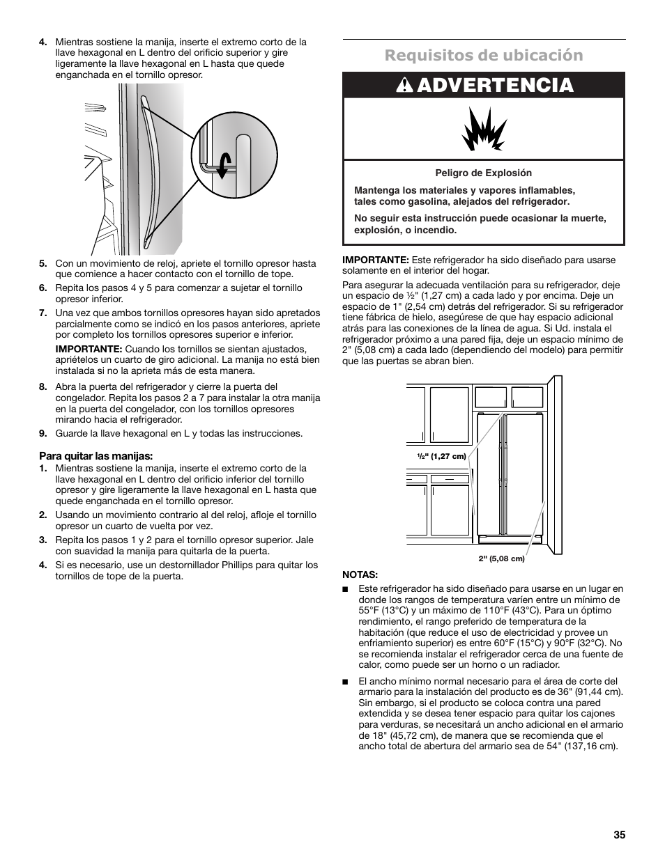 Advertencia, Requisitos de ubicación | Maytag MSB26C6MDM User Manual | Page 35 / 86