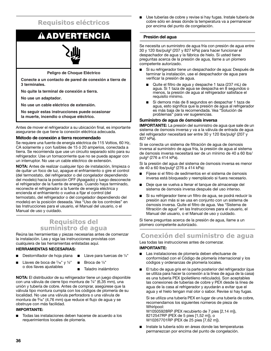 Advertencia, Requisitos eléctricos, Requisitos del suministro de agua | Conexión del suministro de agua | Maytag MSB26C6MDM User Manual | Page 36 / 86