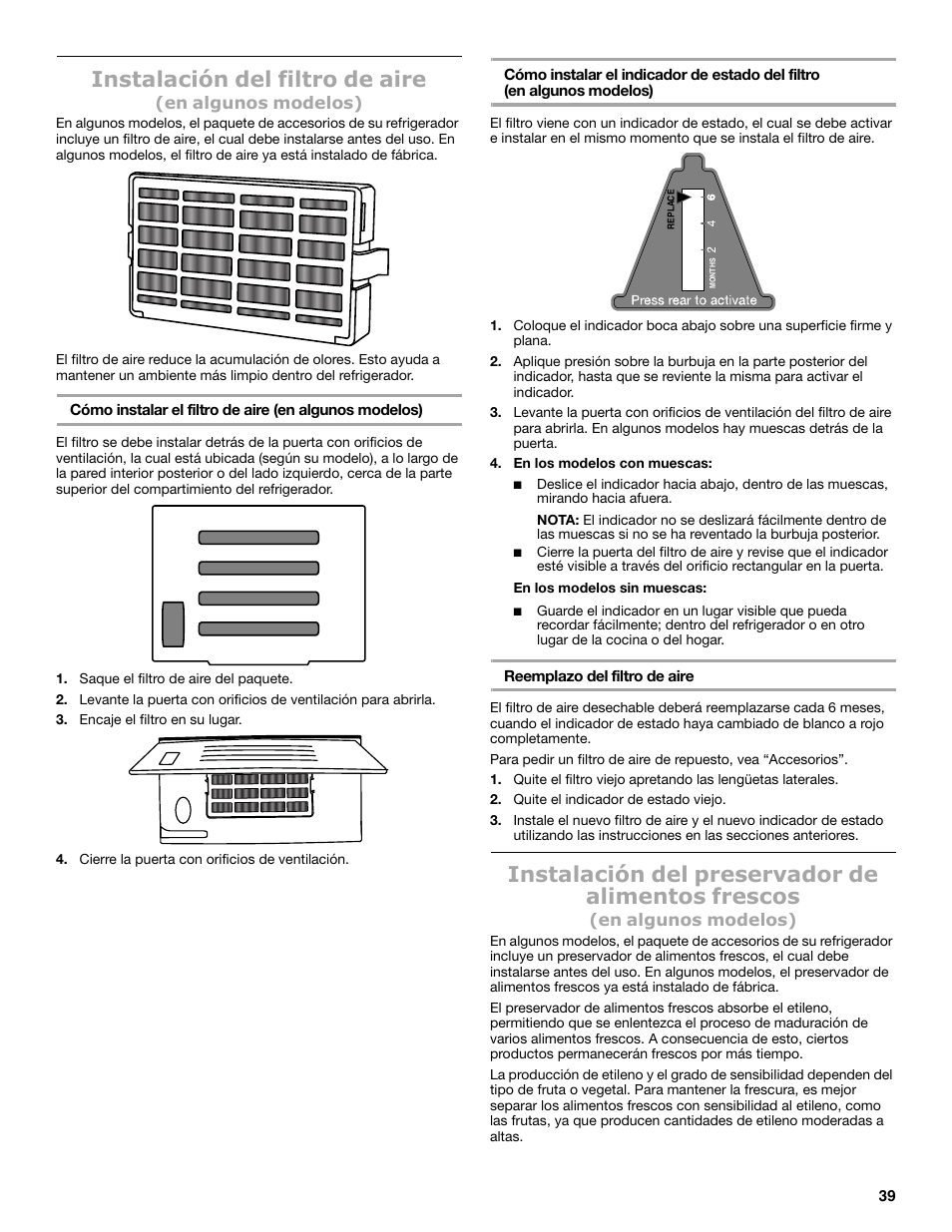 Instalación del filtro de aire, Instalación del preservador de alimentos frescos | Maytag MSB26C6MDM User Manual | Page 39 / 86