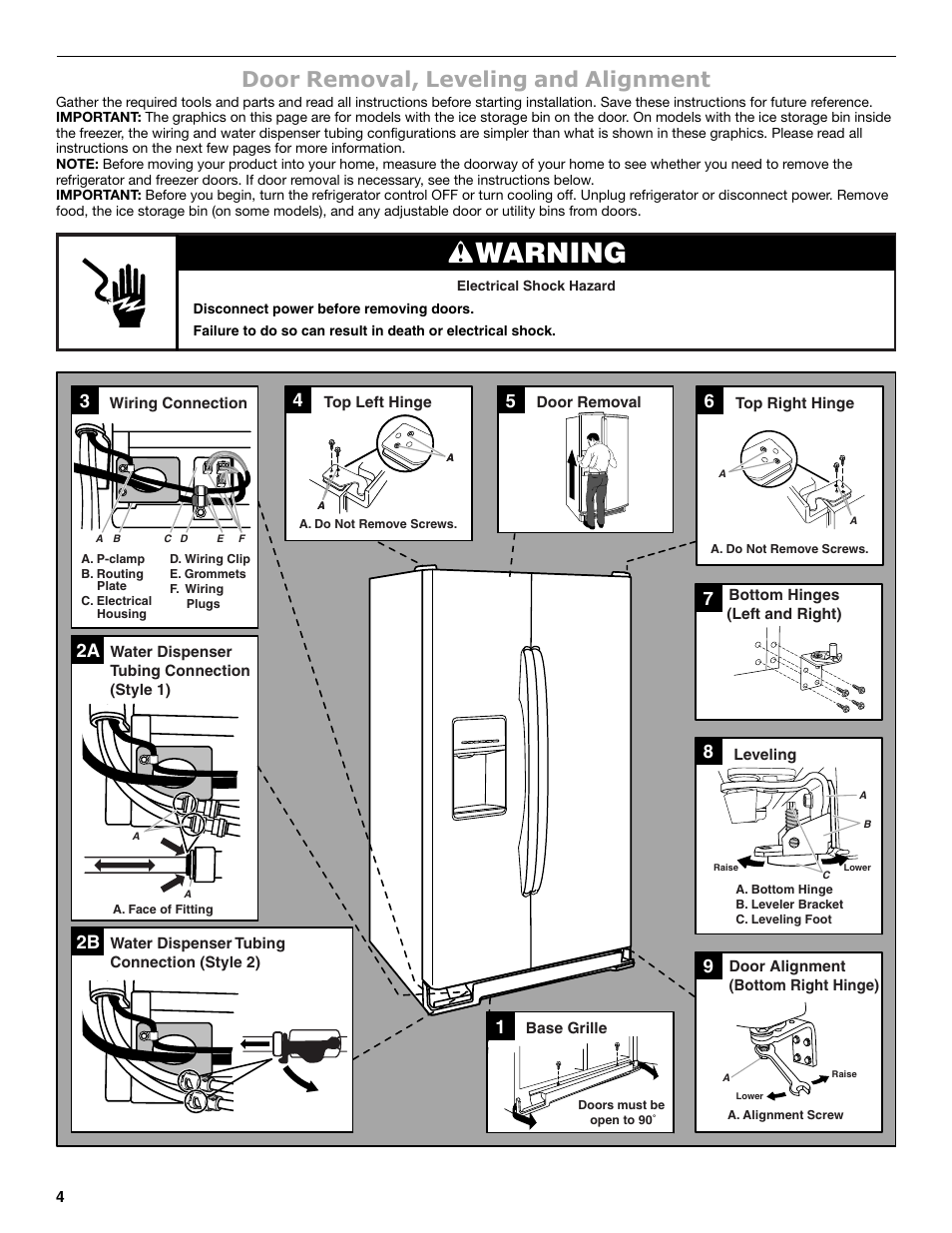 Warning, Door removal, leveling and alignment | Maytag MSB26C6MDM User Manual | Page 4 / 86