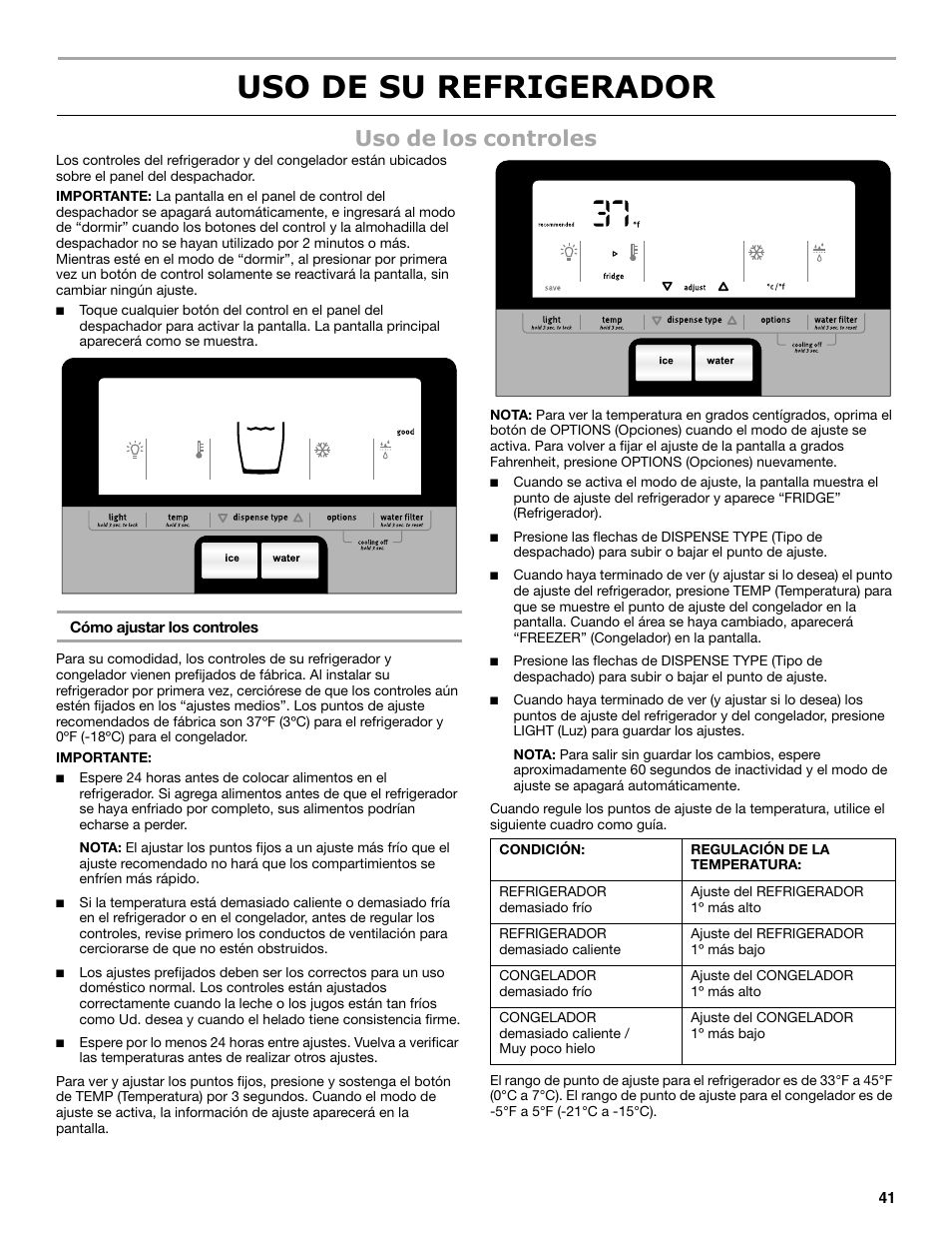 Uso de su refrigerador, Uso de los controles | Maytag MSB26C6MDM User Manual | Page 41 / 86