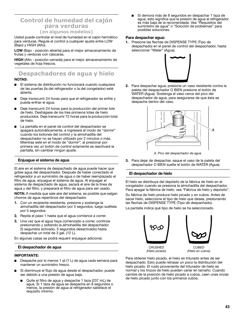 Control de humedad del cajón para verduras, Despachadores de agua y hielo | Maytag MSB26C6MDM User Manual | Page 43 / 86