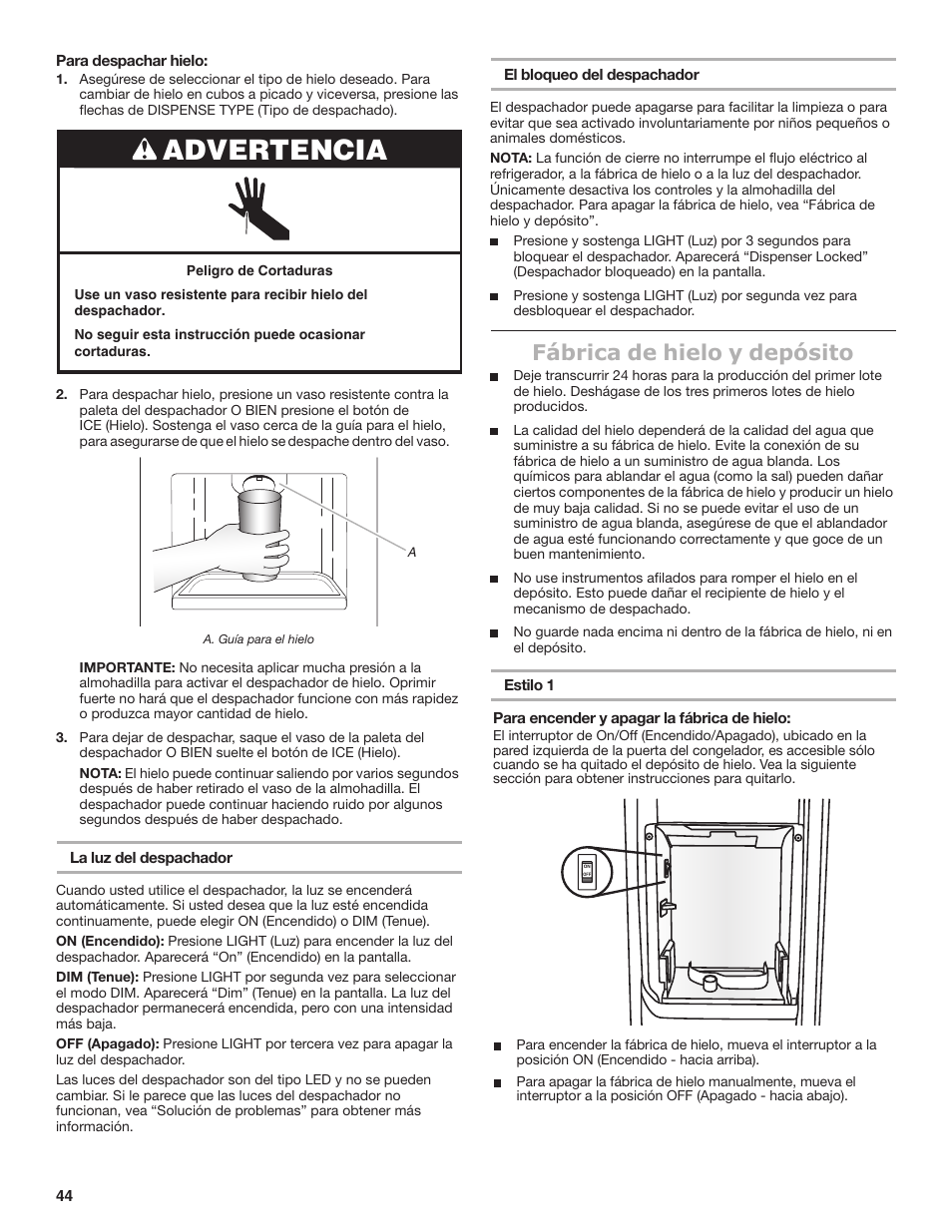 Advertencia, Fábrica de hielo y depósito | Maytag MSB26C6MDM User Manual | Page 44 / 86