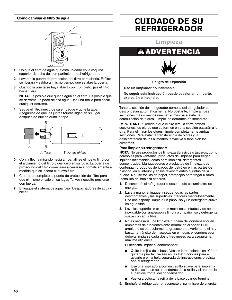 Cuidado de su refrigerador, Advertencia, Limpieza | Maytag MSB26C6MDM User Manual | Page 46 / 86