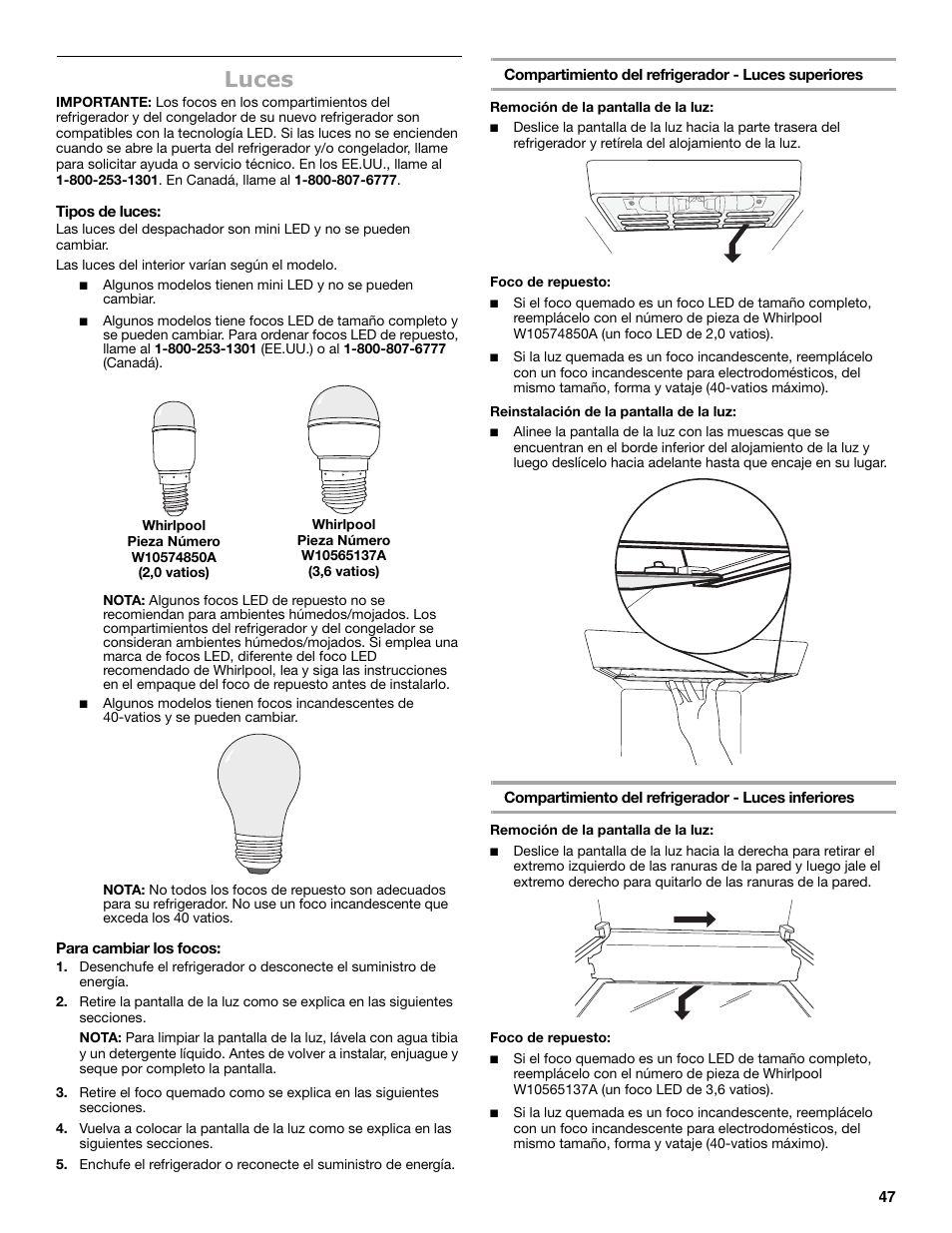 Luces | Maytag MSB26C6MDM User Manual | Page 47 / 86