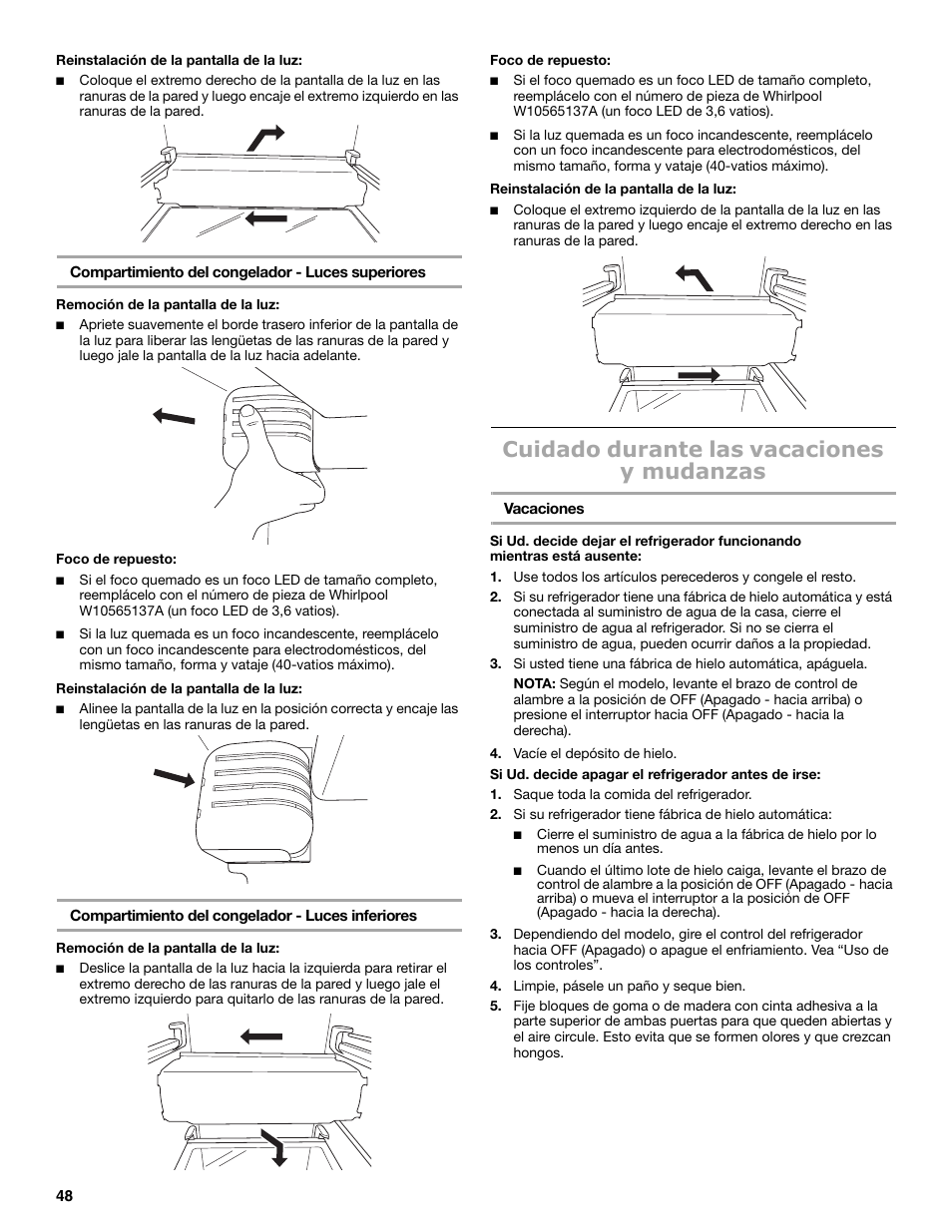 Cuidado durante las vacaciones y mudanzas | Maytag MSB26C6MDM User Manual | Page 48 / 86