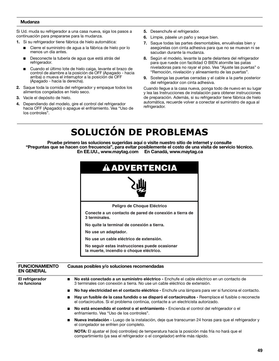 Solución de problemas, Advertencia | Maytag MSB26C6MDM User Manual | Page 49 / 86