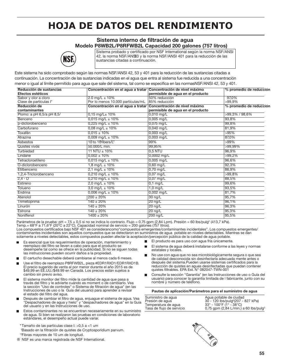 Hoja de datos del rendimiento, Sistema interno de filtración de agua | Maytag MSB26C6MDM User Manual | Page 55 / 86