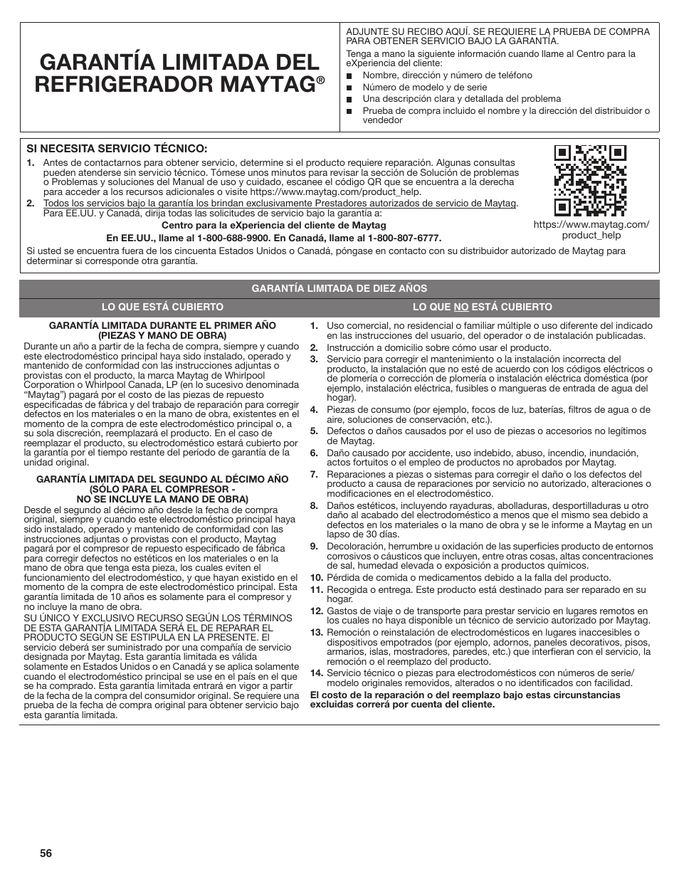 Garantía limitada del refrigerador maytag | Maytag MSB26C6MDM User Manual | Page 56 / 86