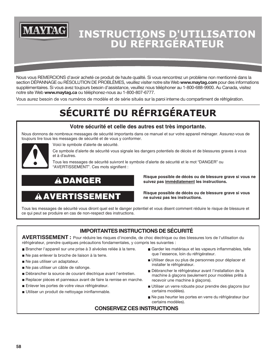 Instructions d'utilisation du réfrigérateur, Sécurité du réfrigérateur, Avertissement danger | Maytag MSB26C6MDM User Manual | Page 58 / 86