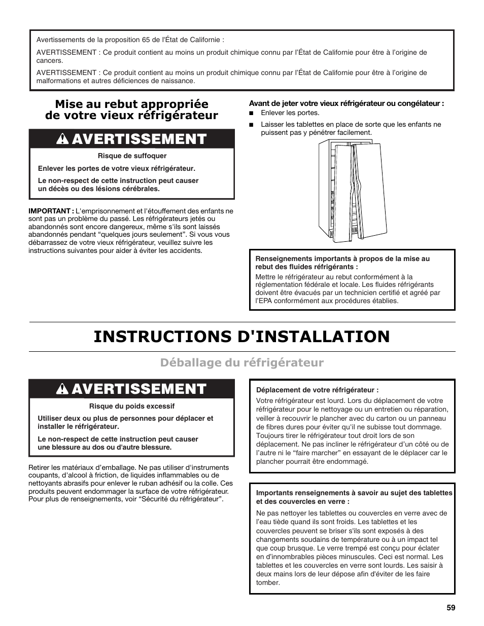 Instructions d'installation, Avertissement, Déballage du réfrigérateur | Maytag MSB26C6MDM User Manual | Page 59 / 86