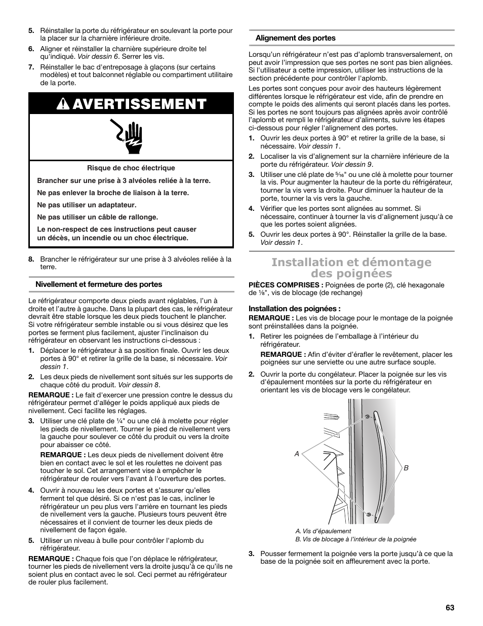 Avertissement, Installation et démontage des poignées | Maytag MSB26C6MDM User Manual | Page 63 / 86