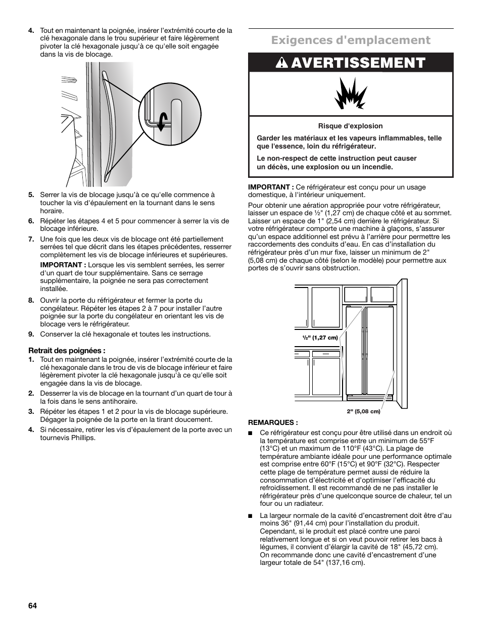 Avertissement, Exigences d'emplacement | Maytag MSB26C6MDM User Manual | Page 64 / 86