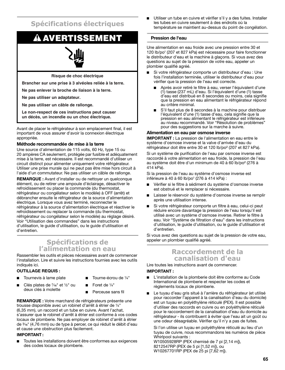 Avertissement, Spécifications électriques, Spécifications de l’alimentation en eau | Raccordement de la canalisation d'eau | Maytag MSB26C6MDM User Manual | Page 65 / 86