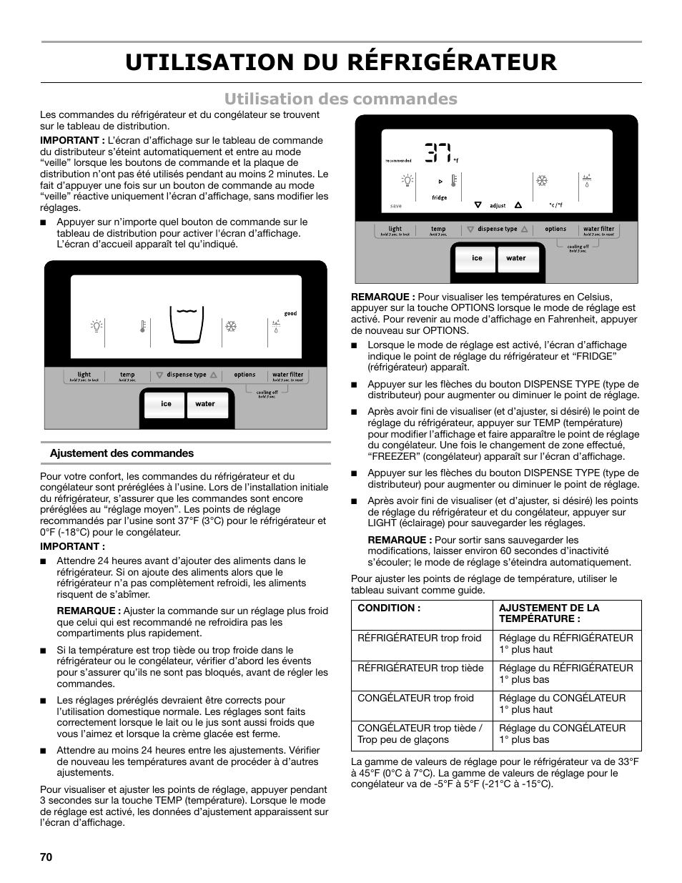 Utilisation du réfrigérateur, Utilisation des commandes | Maytag MSB26C6MDM User Manual | Page 70 / 86