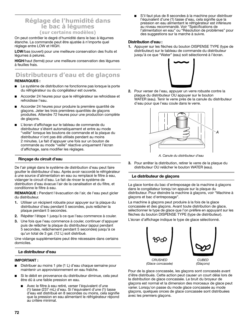 Réglage de l'humidité dans le bac à légumes, Distributeurs d’eau et de glaçons | Maytag MSB26C6MDM User Manual | Page 72 / 86