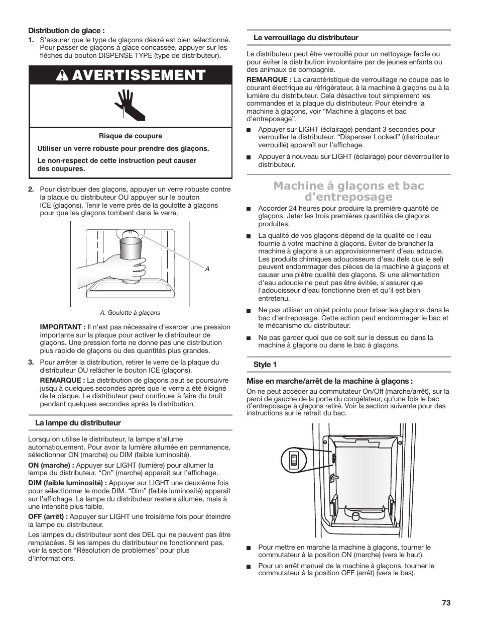 Avertissement, Machine à glaçons et bac d'entreposage | Maytag MSB26C6MDM User Manual | Page 73 / 86