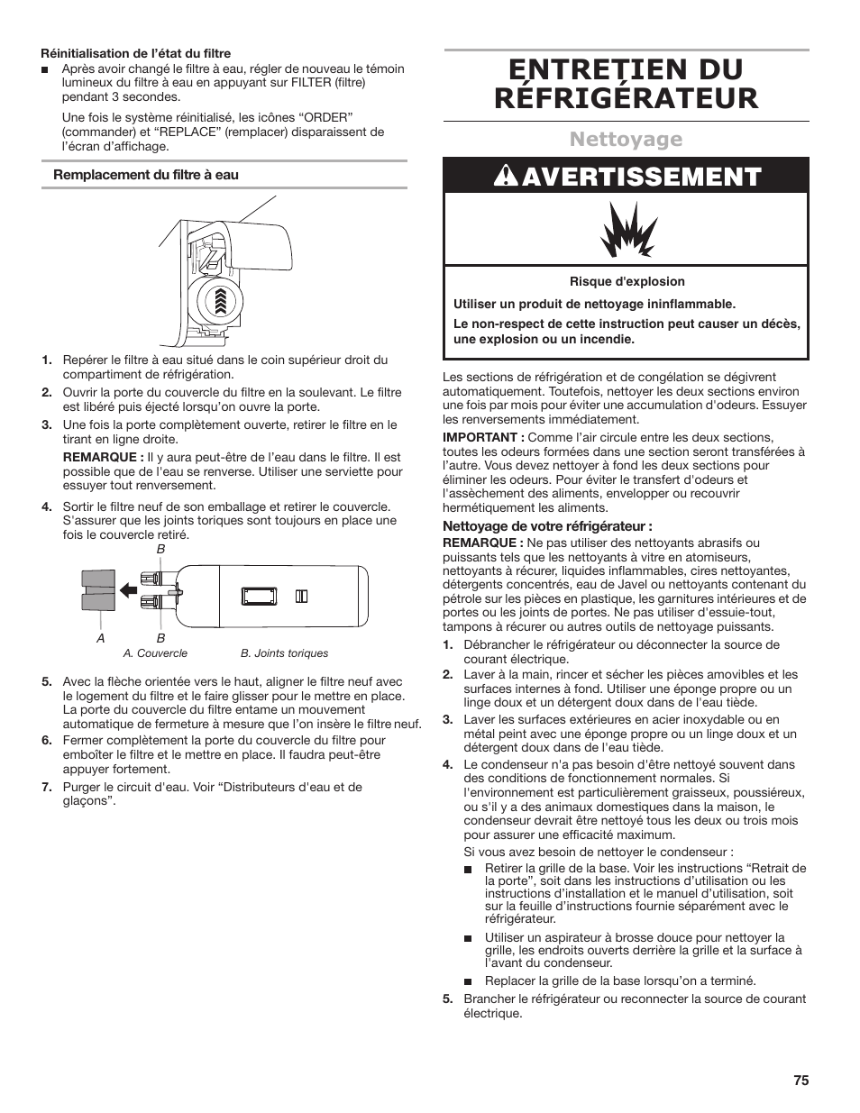 Entretien du réfrigérateur, Avertissement, Nettoyage | Maytag MSB26C6MDM User Manual | Page 75 / 86