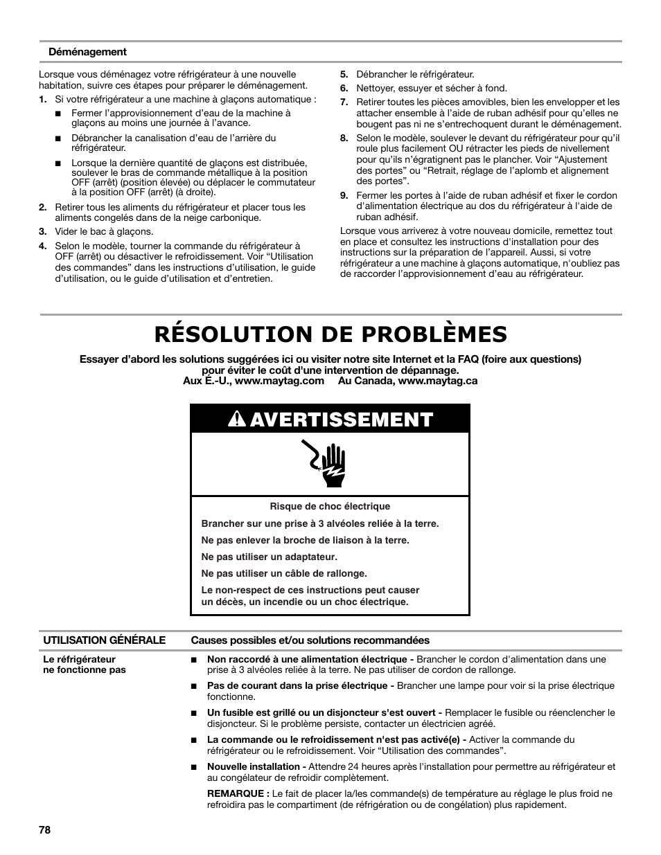 Résolution de problèmes, Avertissement | Maytag MSB26C6MDM User Manual | Page 78 / 86