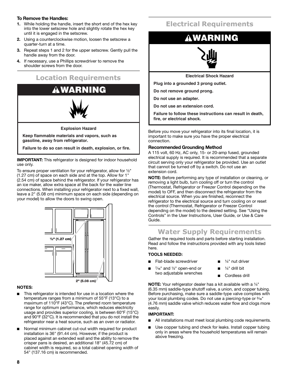 Warning, Location requirements, Electrical requirements | Water supply requirements | Maytag MSB26C6MDM User Manual | Page 8 / 86