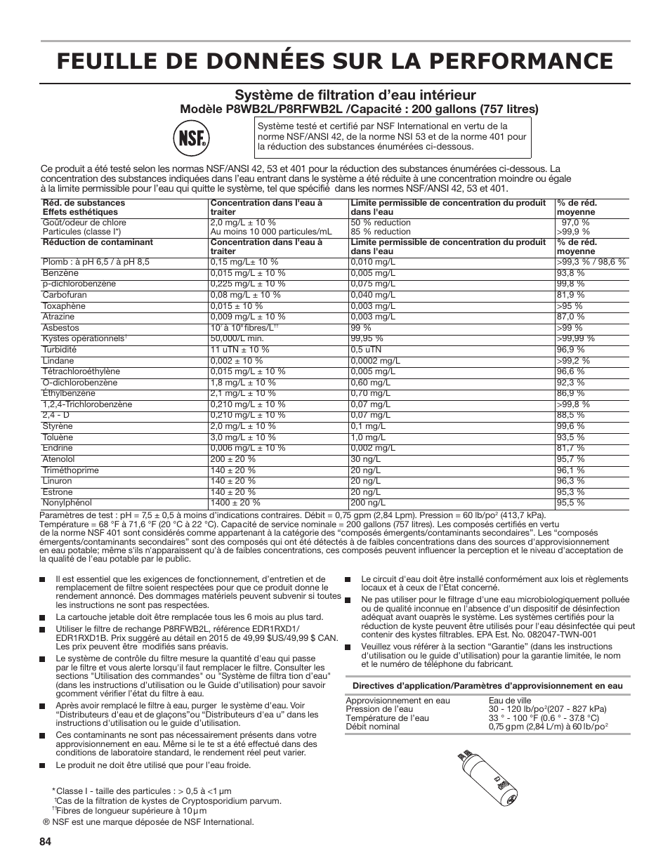 Feuille de données sur la performance, Système de filtration d’eau intérieur | Maytag MSB26C6MDM User Manual | Page 84 / 86