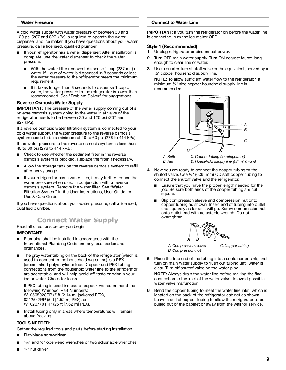 Connect water supply | Maytag MSB26C6MDM User Manual | Page 9 / 86