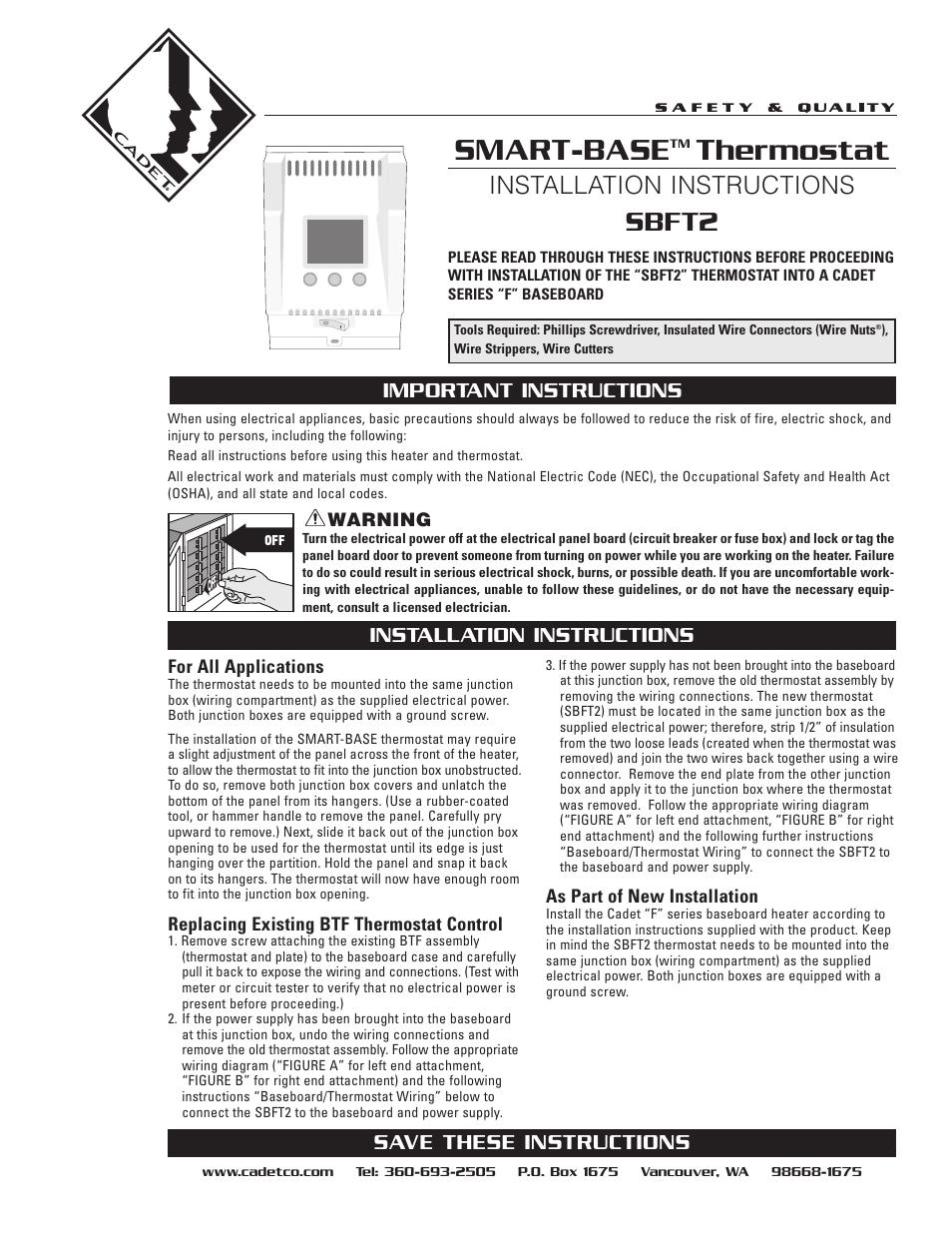 Cadet SMART-BASE SBFT2 User Manual | 4 pages