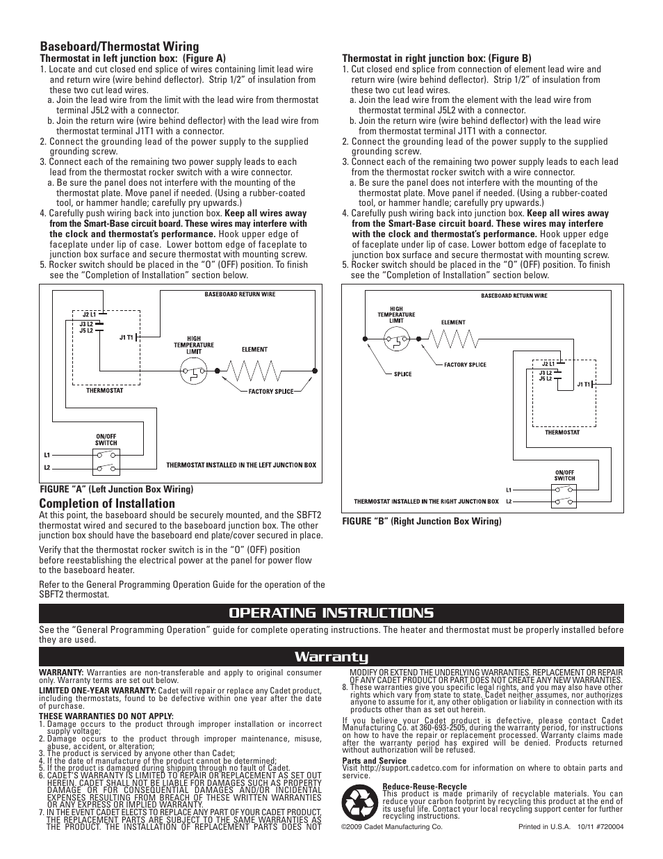 Warranty, Operating instructions, Baseboard/thermostat wiring | Completion of installation | Cadet SMART-BASE SBFT2 User Manual | Page 2 / 4