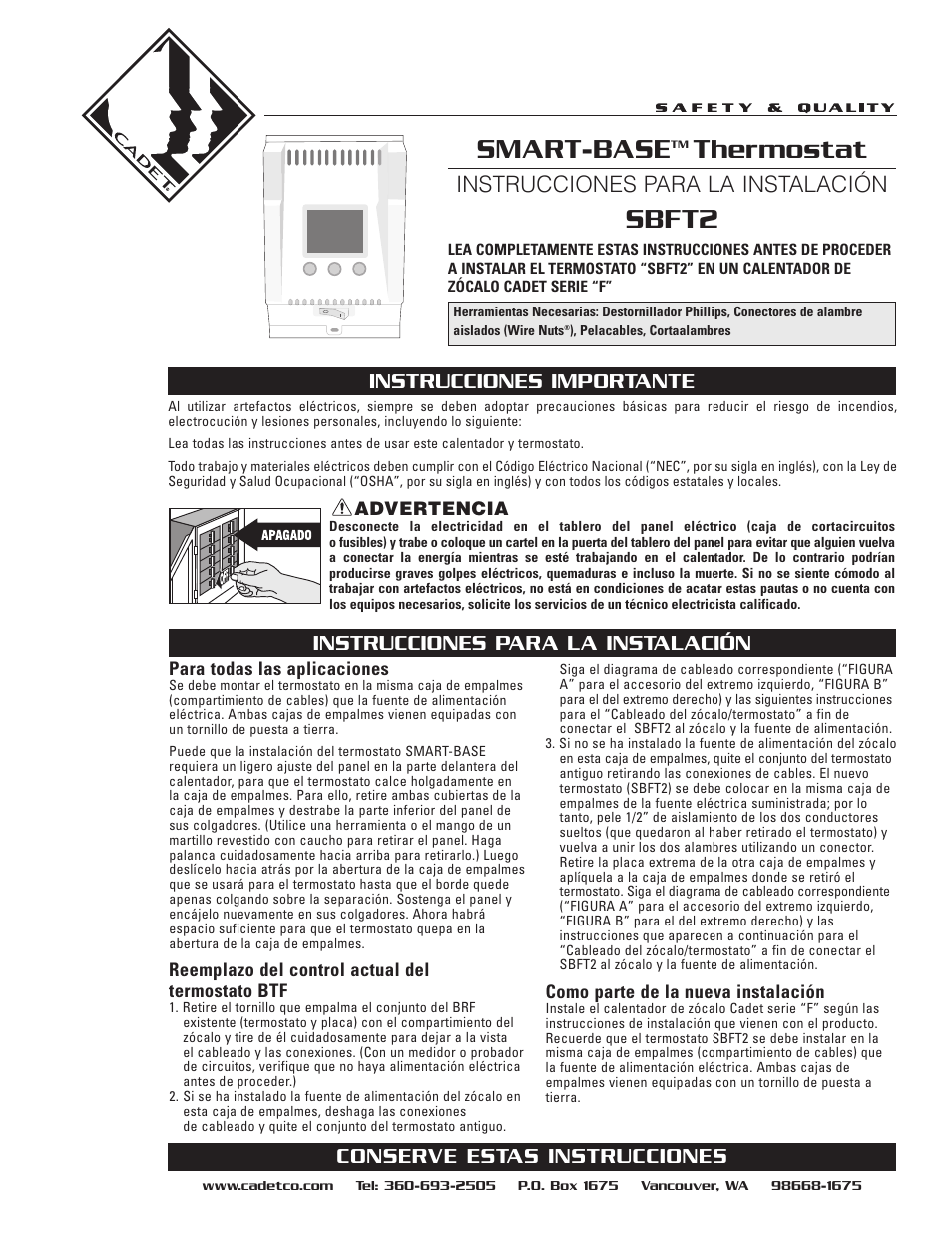 Sbft2 smart-base, Thermostat, Instrucciones para la instalación | Conserve estas instrucciones | Cadet SMART-BASE SBFT2 User Manual | Page 3 / 4