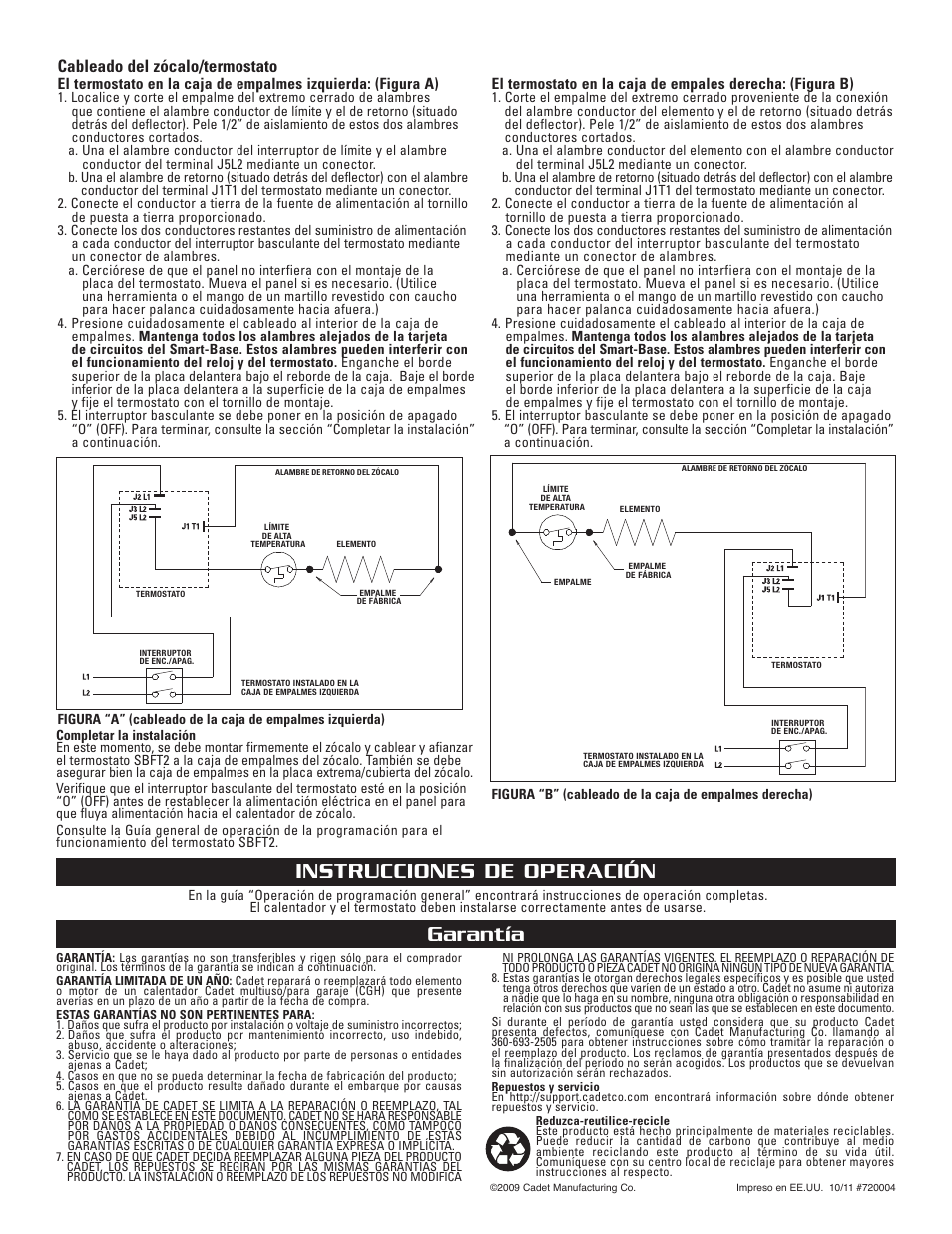 Garantía, Instrucciones de operación, Cableado del zócalo/termostato | Cadet SMART-BASE SBFT2 User Manual | Page 4 / 4