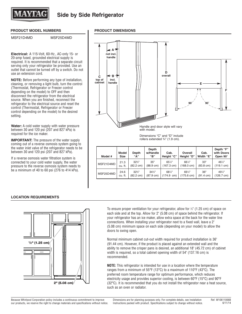 Maytag MSF21D4MDM Dimension Guide User Manual | 1 page
