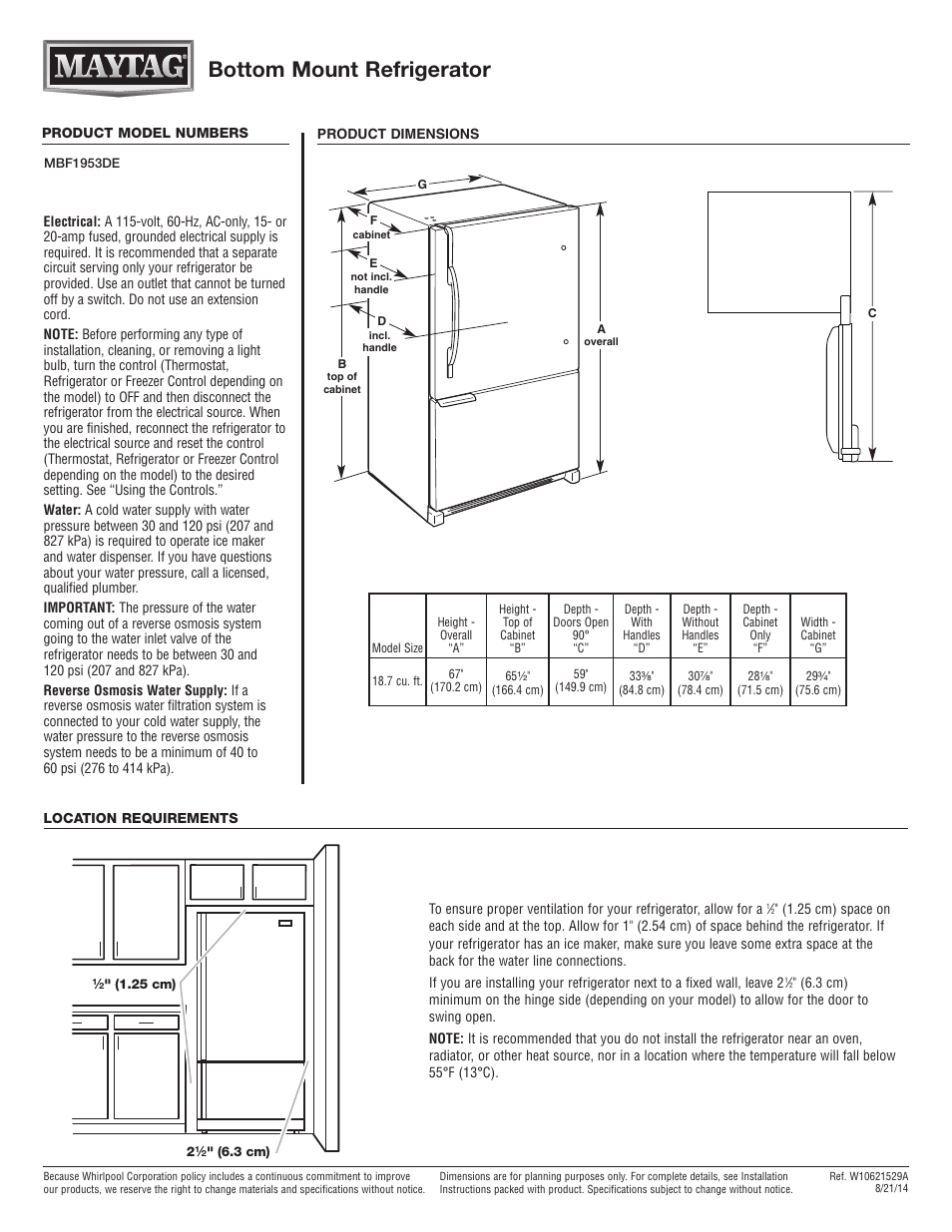 Maytag MBF1953DEM Dimension Guide User Manual | 1 page