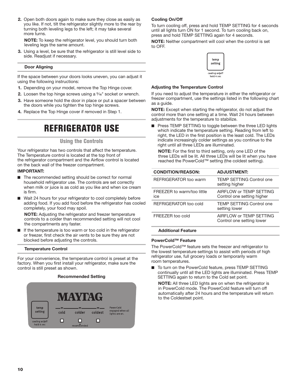 Refrigerator use, Using the controls | Maytag MRT118FZEM User Manual | Page 10 / 56