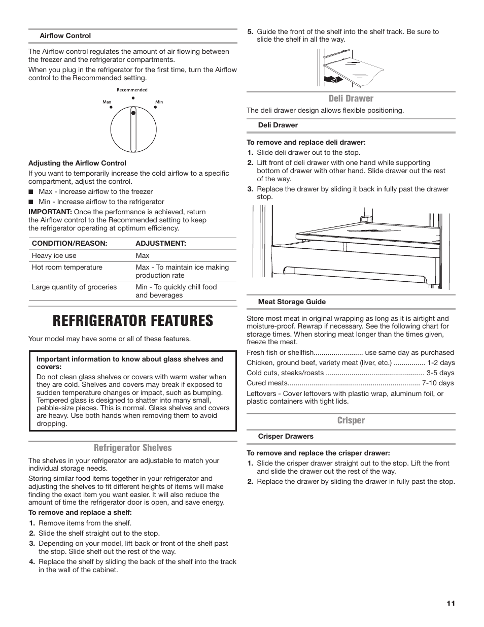 Refrigerator features, Refrigerator shelves, Deli drawer | Crisper | Maytag MRT118FZEM User Manual | Page 11 / 56