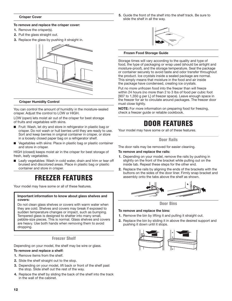 Freezer features, Door features, Door rails | Door bins, Freezer shelf | Maytag MRT118FZEM User Manual | Page 12 / 56