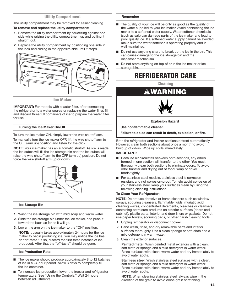 Refrigerator care, Warning, Utility compartment | Ice maker, Cleaning | Maytag MRT118FZEM User Manual | Page 13 / 56