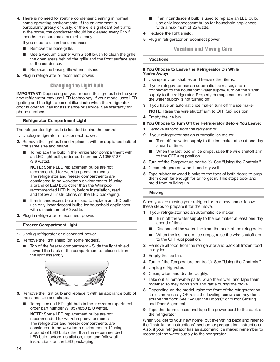 Changing the light bulb, Vacation and moving care | Maytag MRT118FZEM User Manual | Page 14 / 56