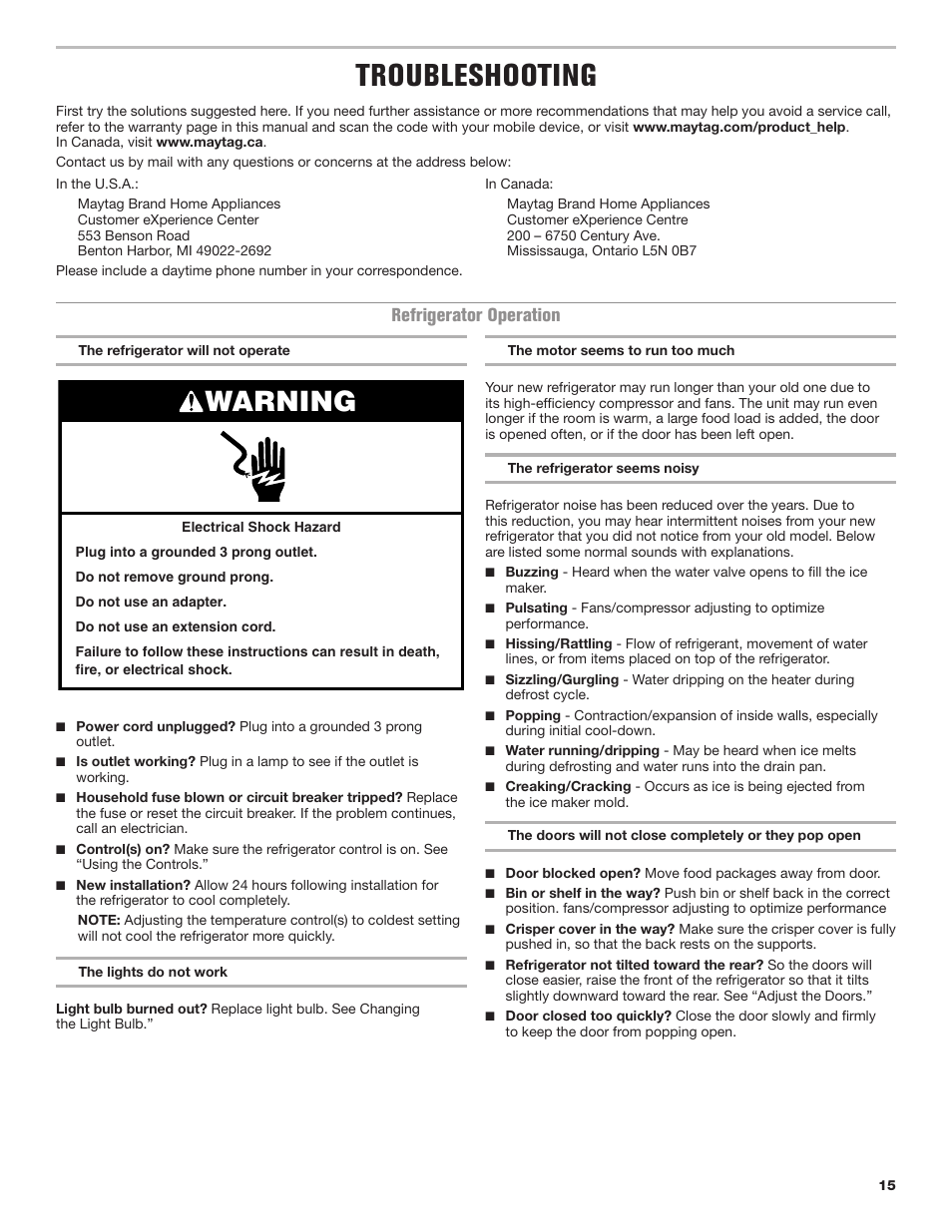 Troubleshooting, Warning, Refrigerator operation | Maytag MRT118FZEM User Manual | Page 15 / 56