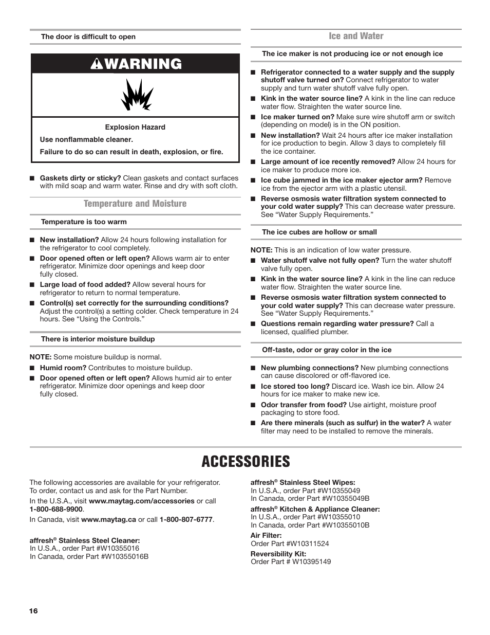 Accessories, Warning, Temperature and moisture | Ice and water | Maytag MRT118FZEM User Manual | Page 16 / 56