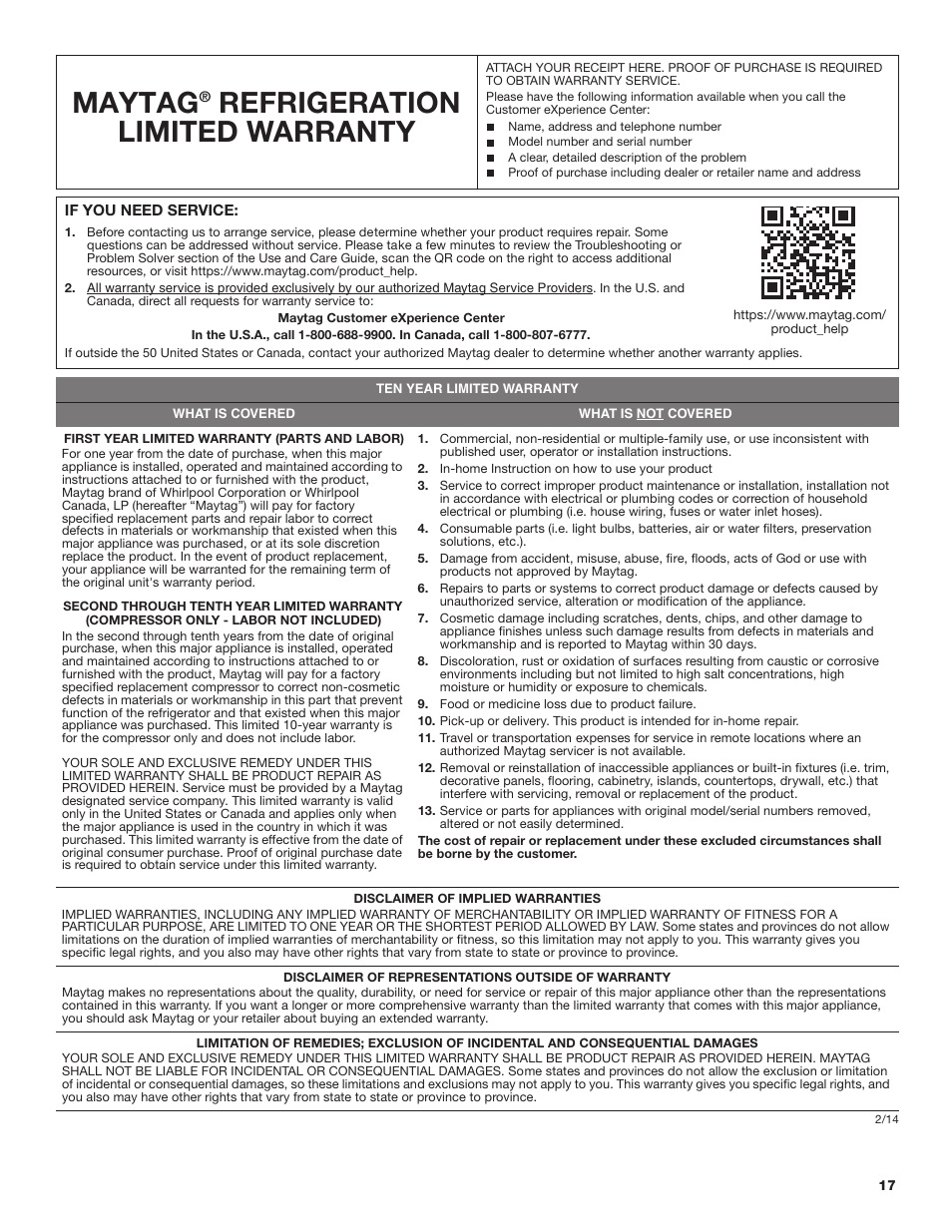 Maytag, Refrigeration limited warranty | Maytag MRT118FZEM User Manual | Page 17 / 56