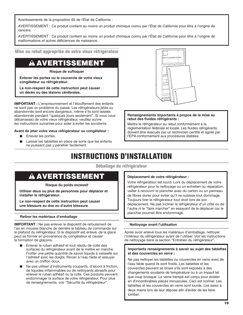 Instructions d’installation, Avertissement | Maytag MRT118FZEM User Manual | Page 19 / 56