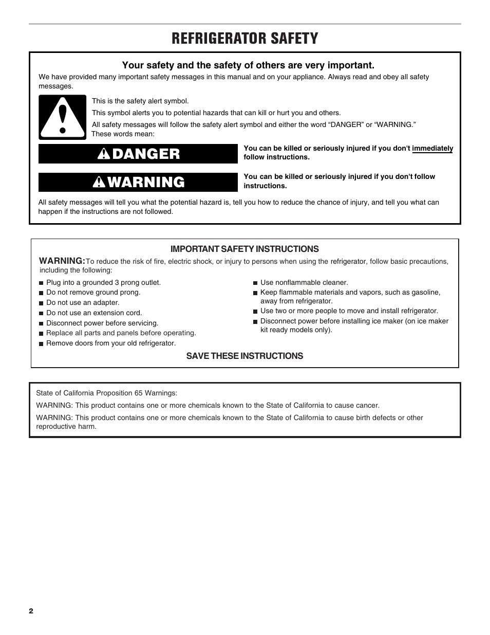 Refrigerator safety, Danger warning | Maytag MRT118FZEM User Manual | Page 2 / 56