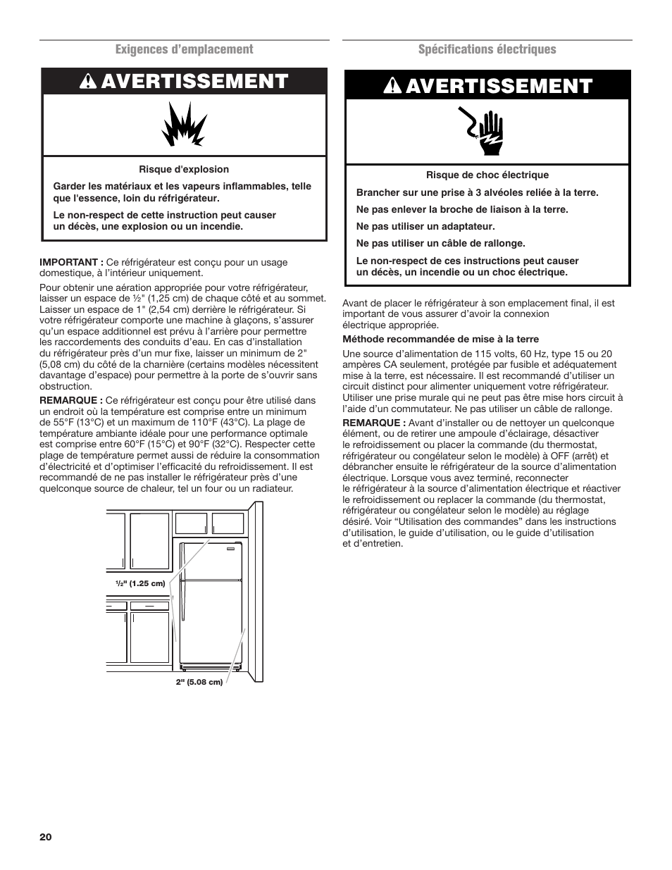 Avertissement, Exigences d’emplacement, Spécifications électriques | Maytag MRT118FZEM User Manual | Page 20 / 56
