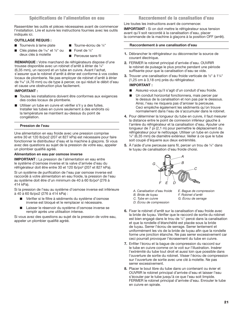 Spécifications de l’alimentation en eau, Raccordement de la canalisation d’eau | Maytag MRT118FZEM User Manual | Page 21 / 56
