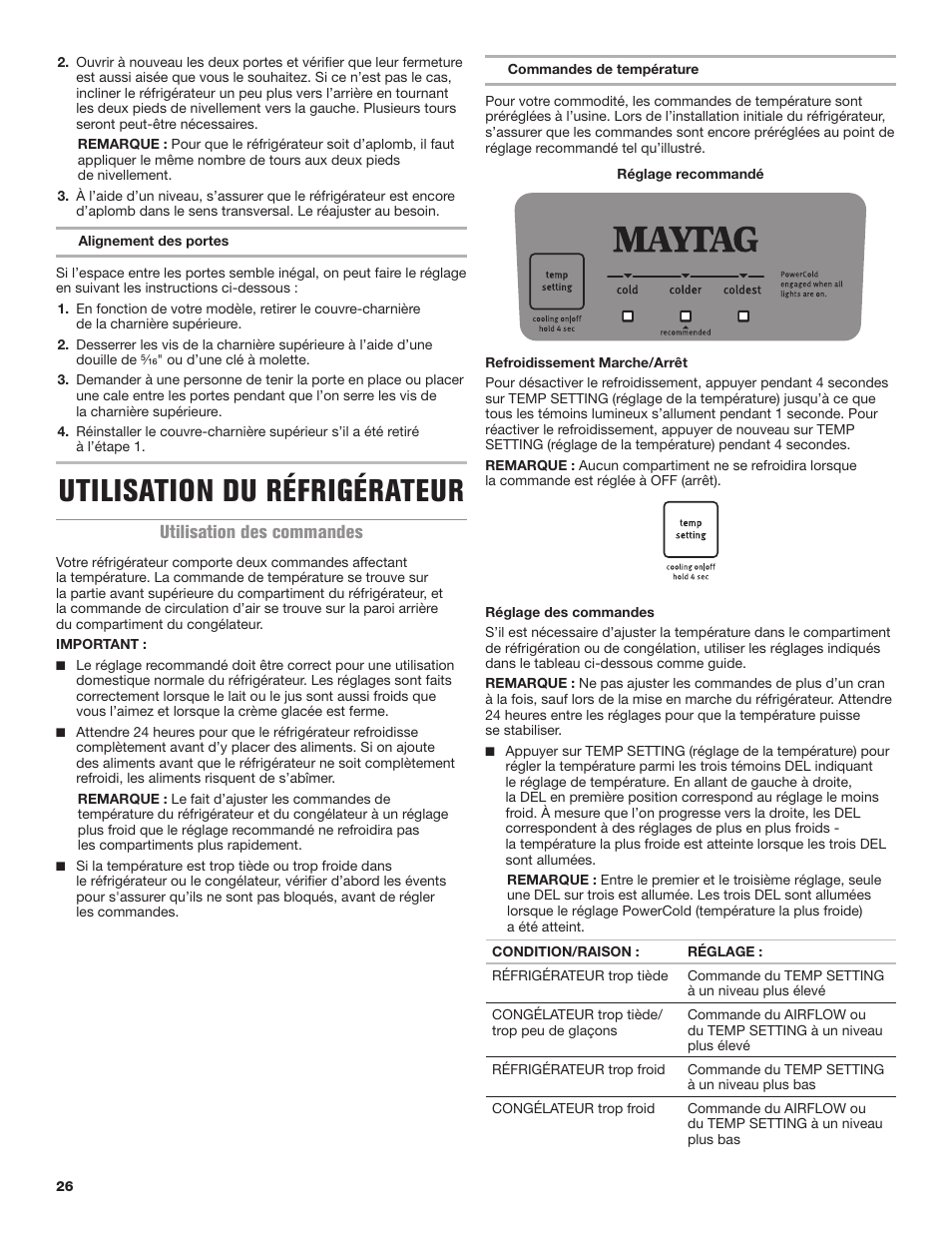 Utilisation du réfrigérateur, Utilisation des commandes | Maytag MRT118FZEM User Manual | Page 26 / 56