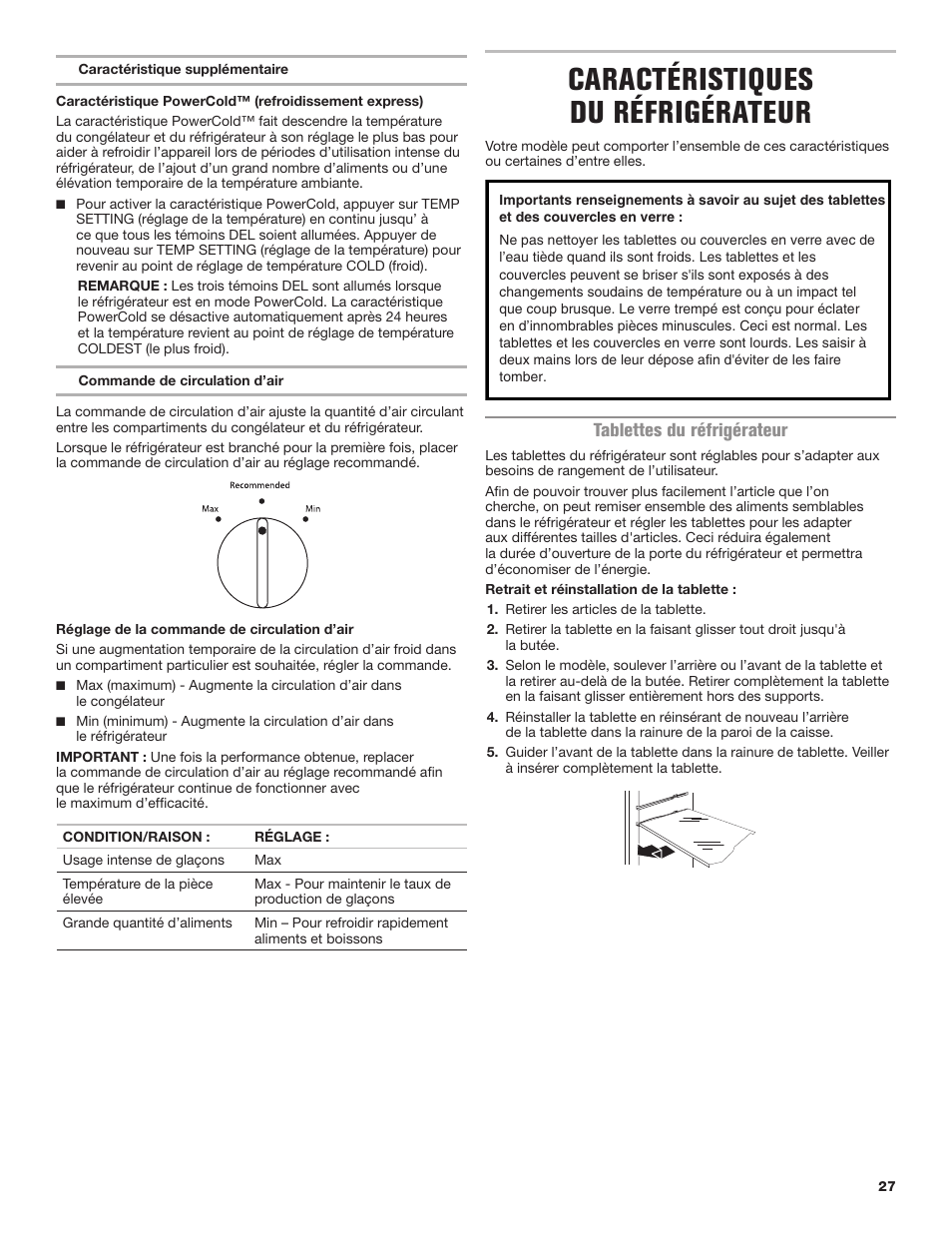 Caractéristiques du réfrigérateur, Tablettes du réfrigérateur | Maytag MRT118FZEM User Manual | Page 27 / 56