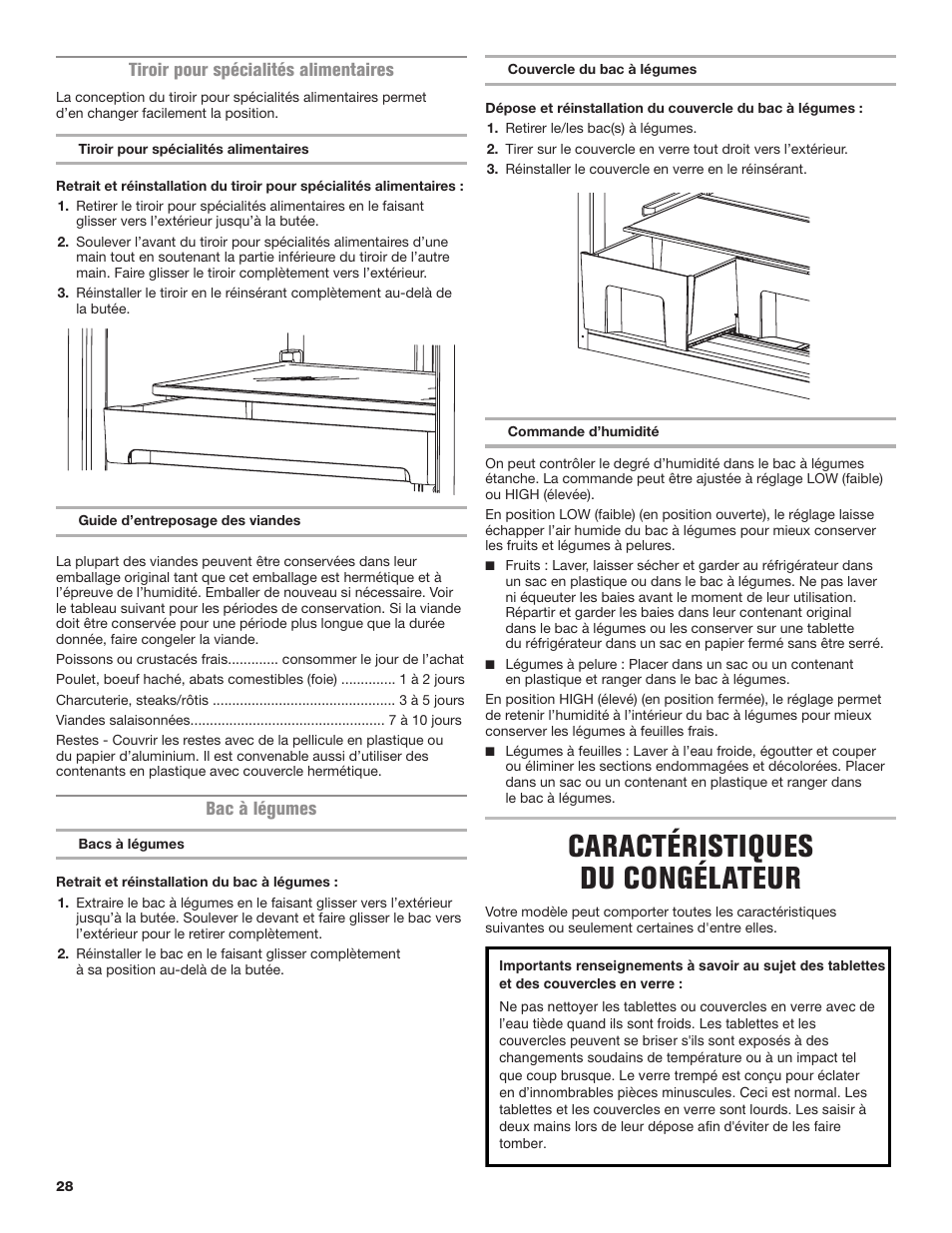 Caractéristiques du congélateur, Bac à légumes, Tiroir pour spécialités alimentaires | Maytag MRT118FZEM User Manual | Page 28 / 56