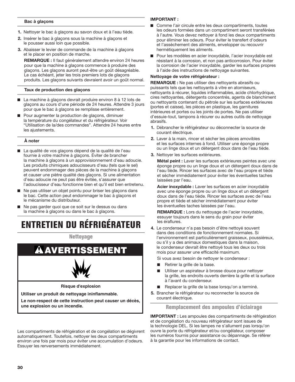 Entretien du réfrigérateur, Avertissement, Nettoyage | Remplacement des ampoules d’éclairage | Maytag MRT118FZEM User Manual | Page 30 / 56