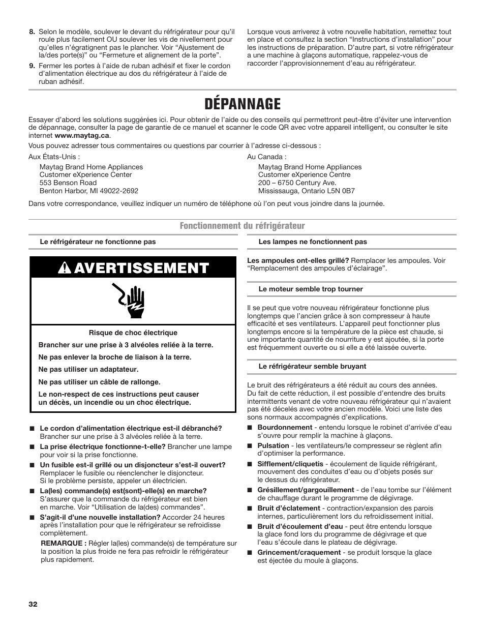 Dépannage, Avertissement, Fonctionnement du réfrigérateur | Maytag MRT118FZEM User Manual | Page 32 / 56
